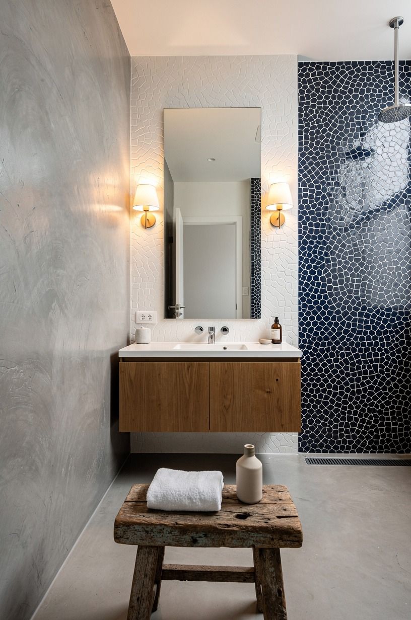 Contrast smooth microcement with zellige tile