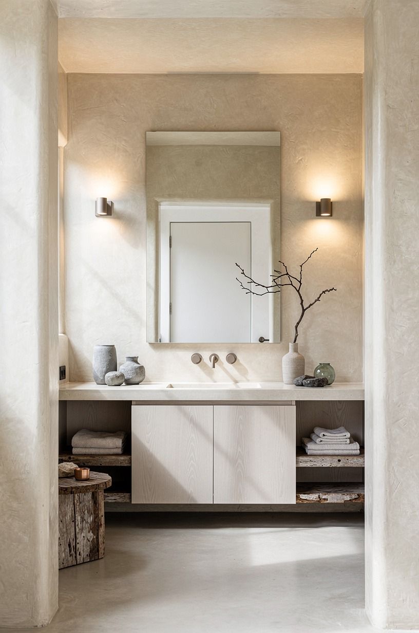Contrast white oak with creamy tadelakt walls