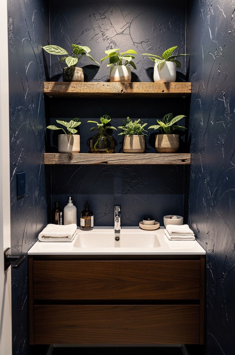 Line floating shelves with compact prayer plants