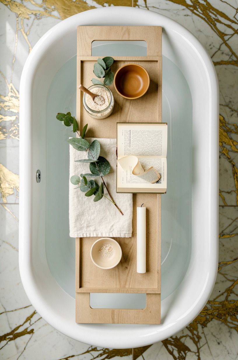Style the finished tray with linen and eucalyptus