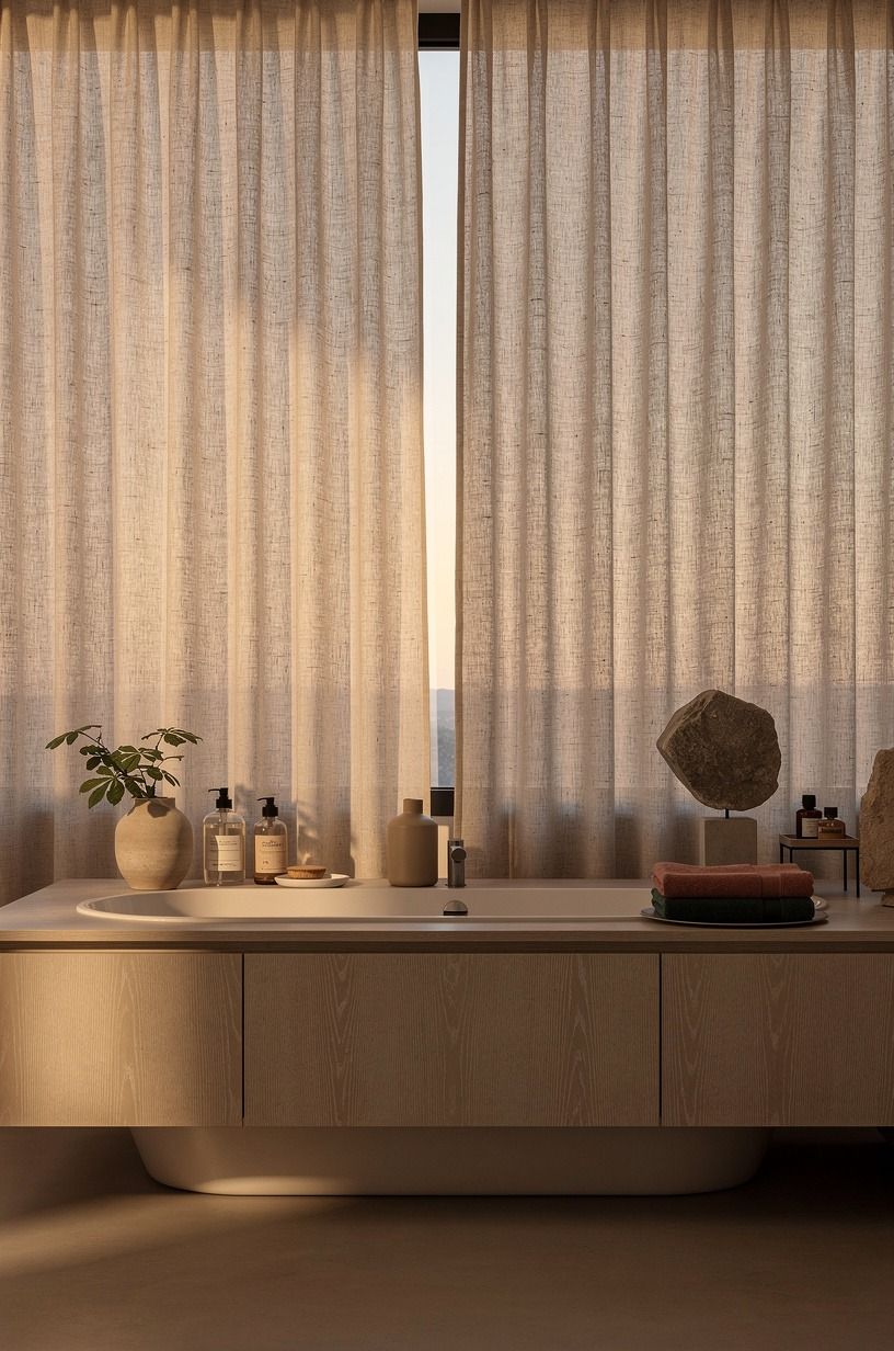 Layer beige microcement with linen curtains