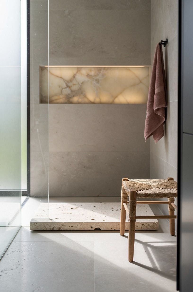 Press a single limestone slab into the shower floor