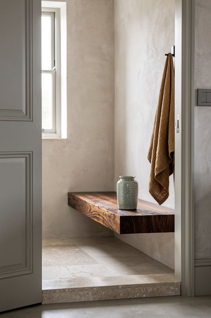 Step over a thick limestone threshold into the wet room