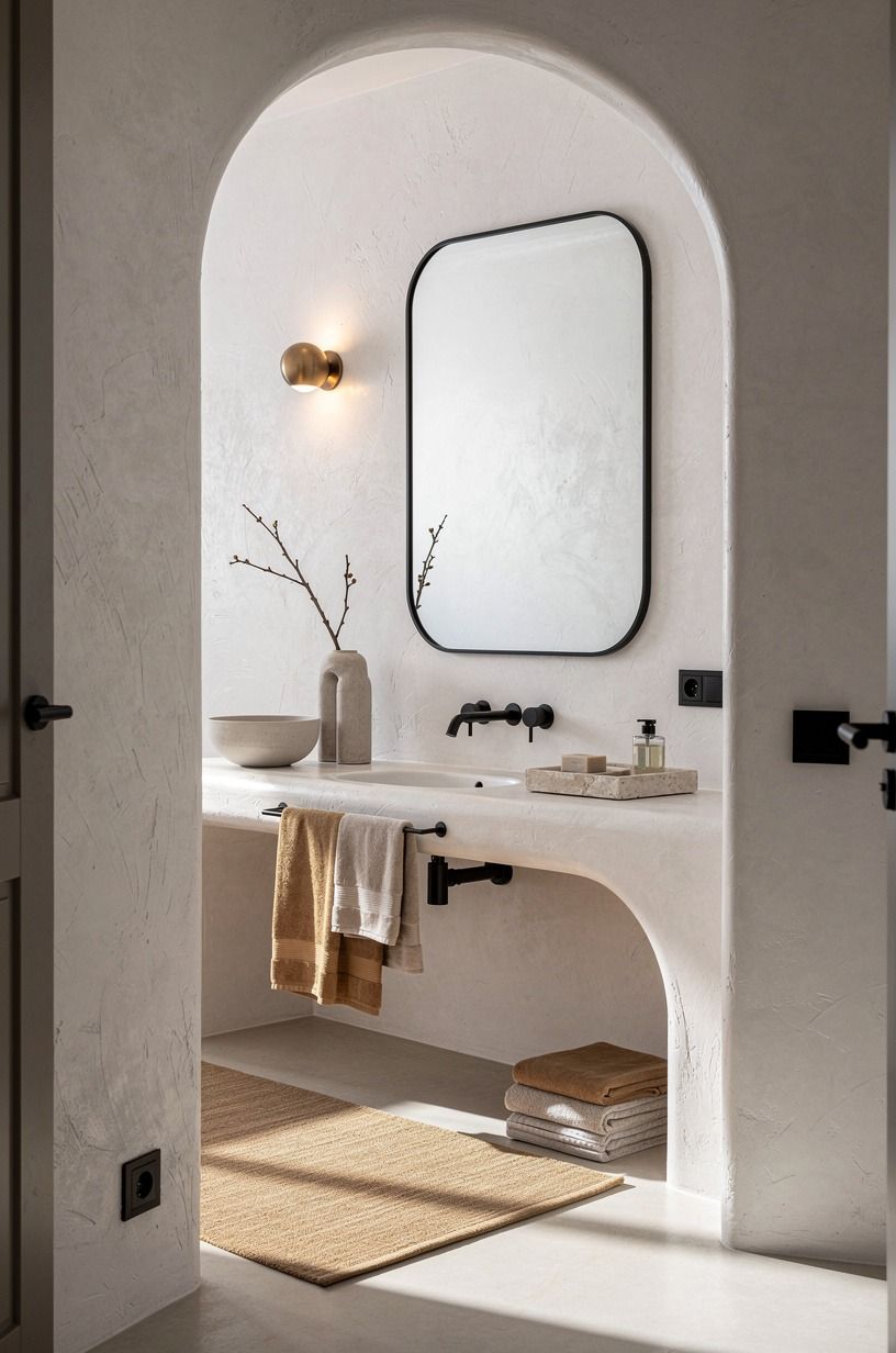 Anchor minimalist bathroom fixtures in warm metal