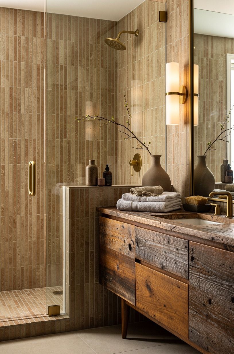 Choose vertical stacking for earth tone bathroom shower tiles