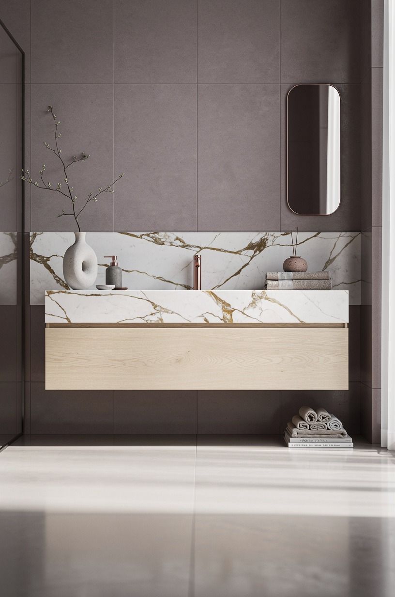 Float a pale oak vanity against the tile
