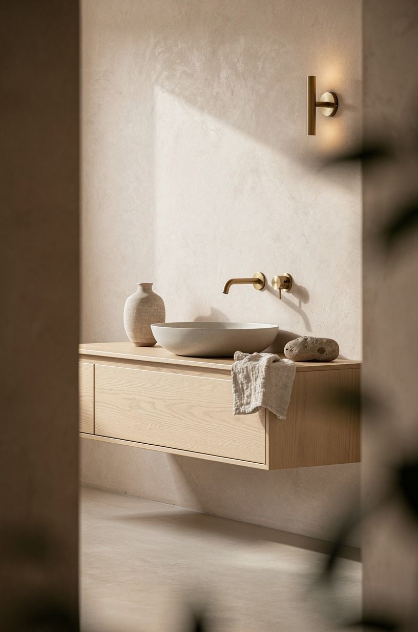 Float a pale oak vanity for a lighter minimalist bathroom aesthetic