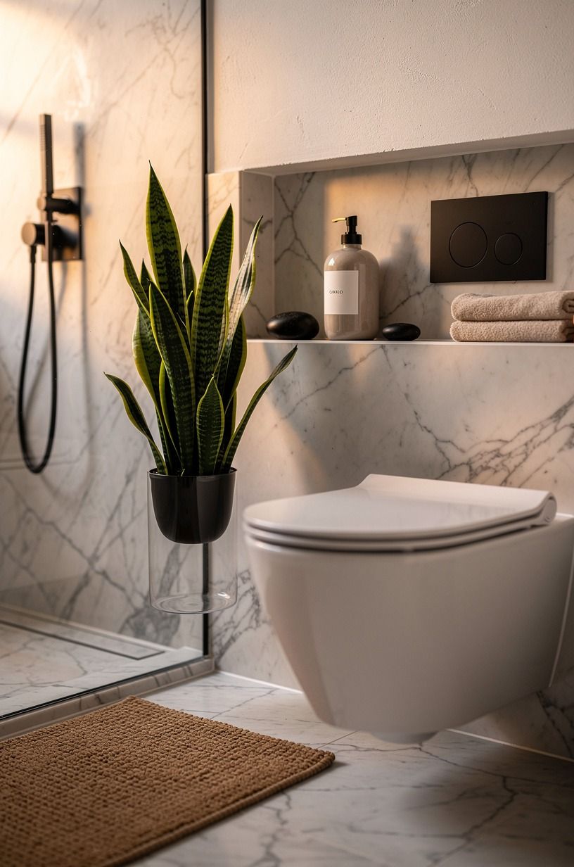 Float a snake plant beside the toilet (small shower decor with backbone)