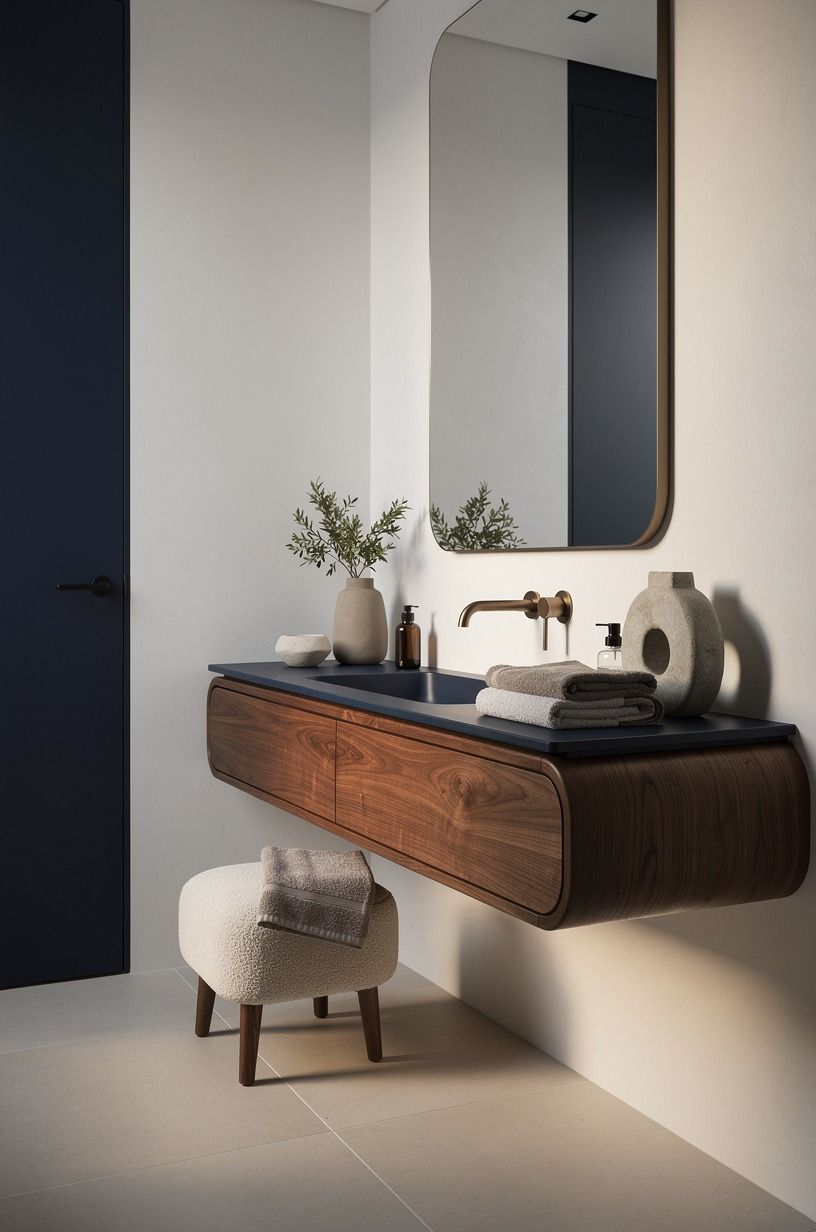 Float a wood vanity instead of a chunky box