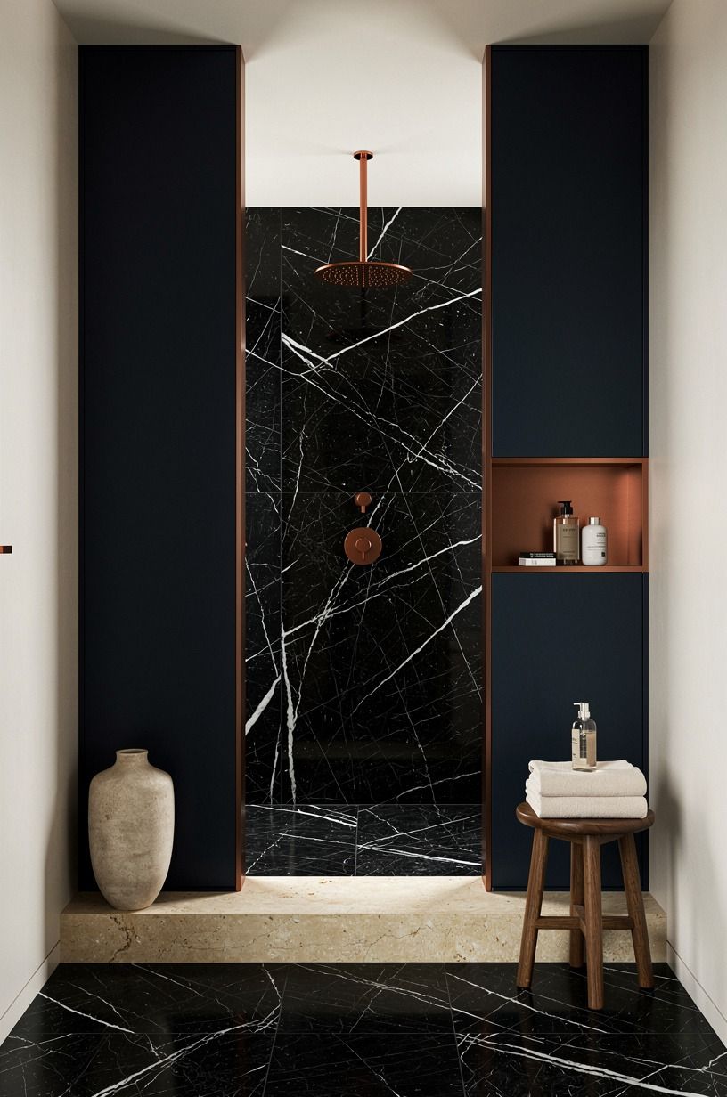 Frame the shower with a limestone threshold