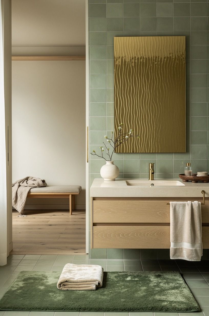 Hang a rippled brass mirror over soft tile