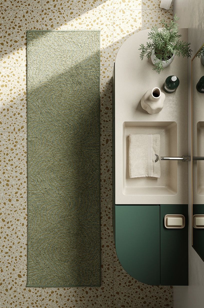 Layer a washable runner beside the vanity