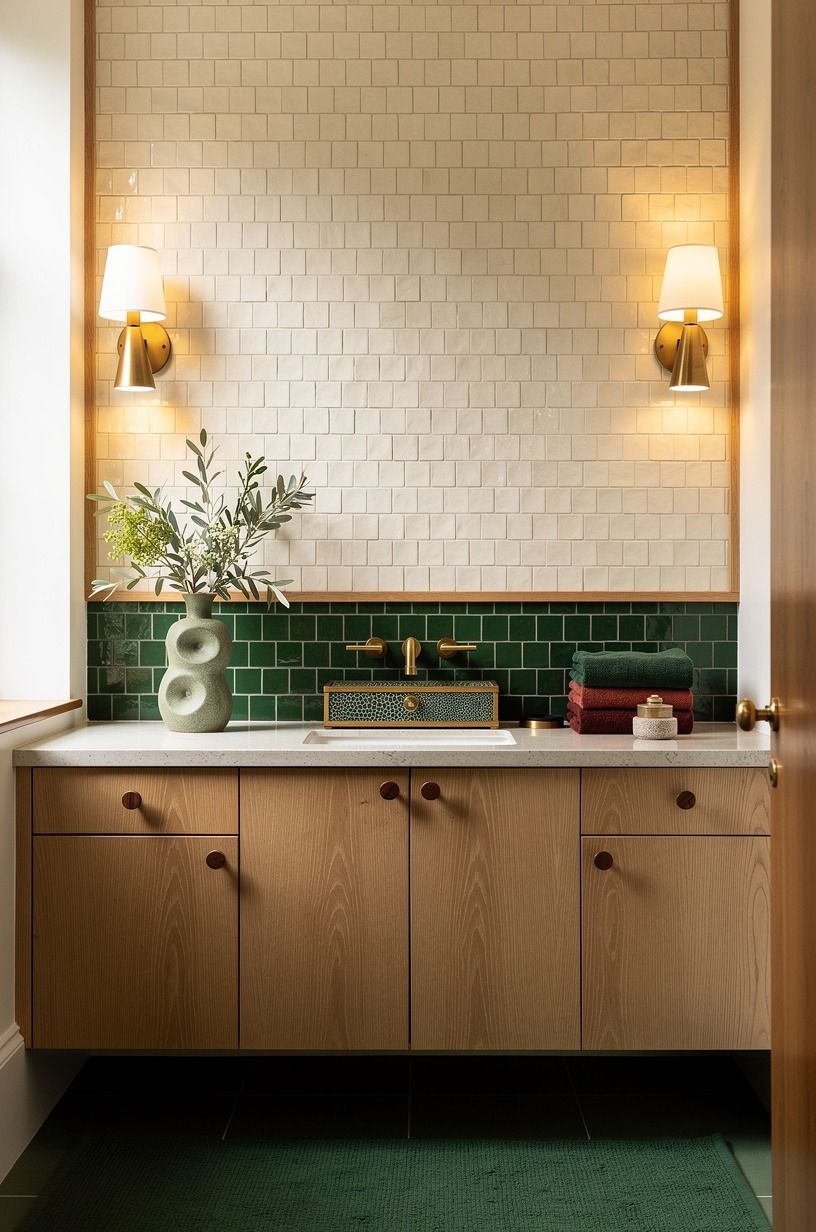 Layer creamy zellige behind the vanity