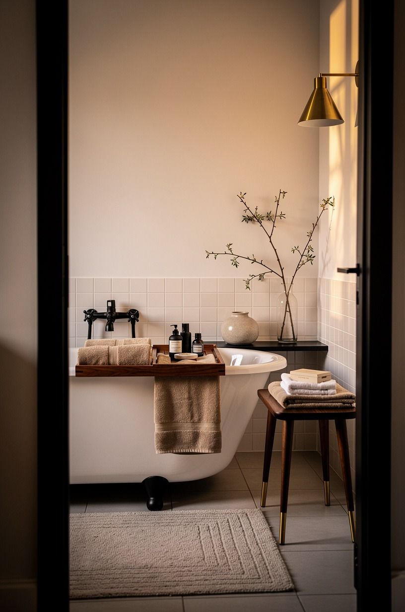 Start with the wood: a timber bath caddy that anchors everything