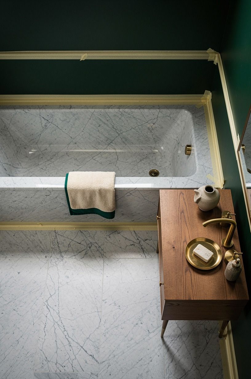 Tape the ceiling, the trim, and the tub surround