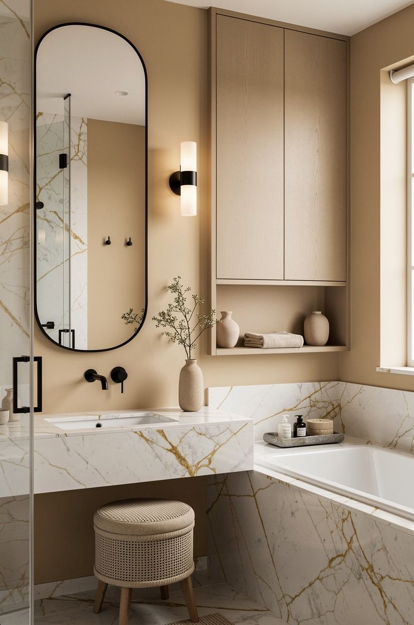 Try Benjamin Moore Chestertown Buff behind a warm mirror
