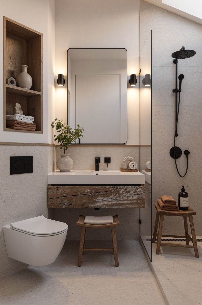 Use the Two-Wood Rule for a Warmer Small Bathroom