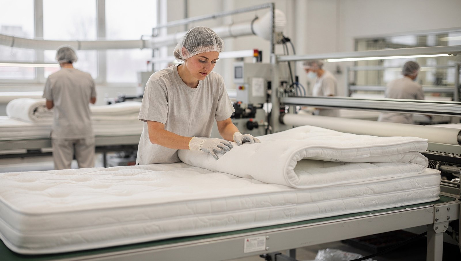 Workers in a clean American mattress factory sewing and assembling a white mattress, industrial but bright