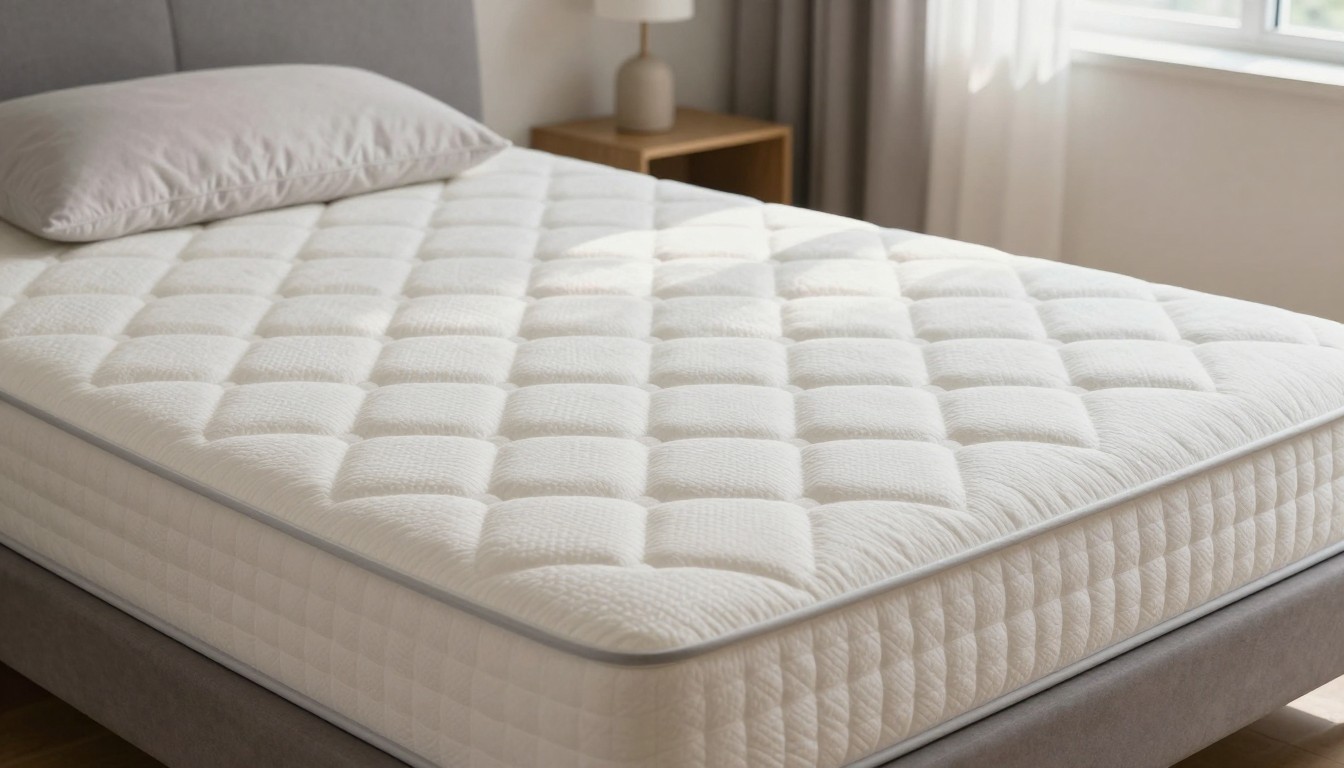 premium water-cooling bed system with sleek bedside controller, calm modern bedroom, sober deal-season promotional mood, soft morning light