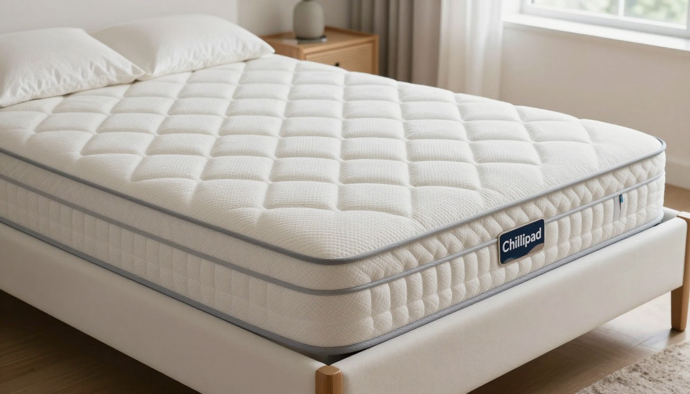 premium water-cooling mattress topper with sleek bedside control unit, serene modern bedroom, cool blue morning tones, photorealistic