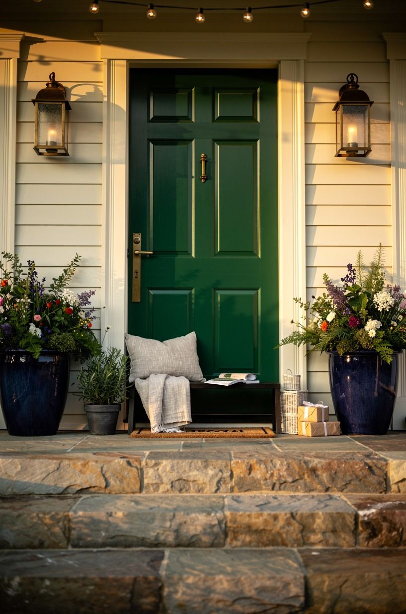 Ground pale siding with forest green paint