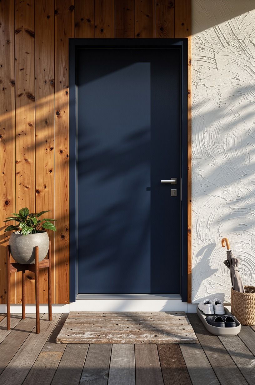Contrast cedar siding with midnight blue