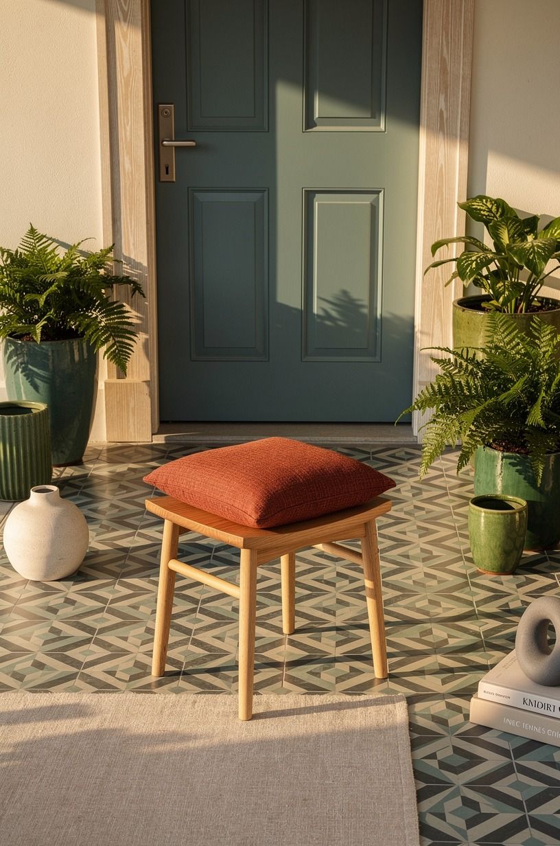 Echo porch tile with a muted teal door