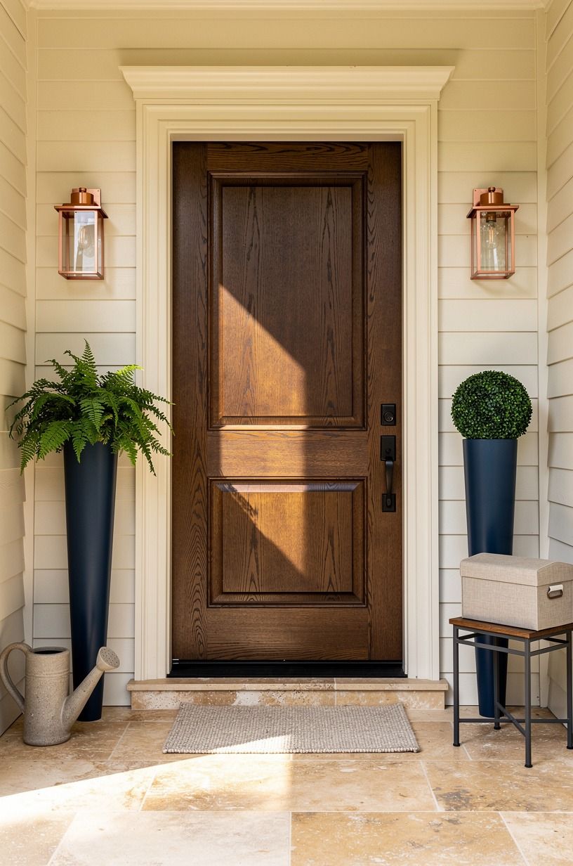 Layer cream trim around a cocoa brown door