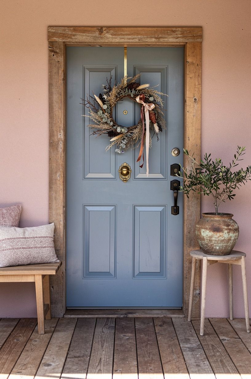 Hang a vintage blue front door wreath with movement