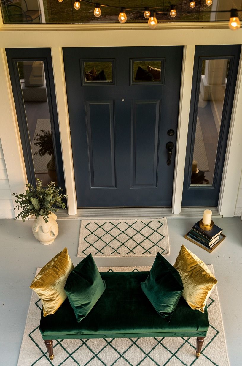 Paint a softened navy front door with sidelights