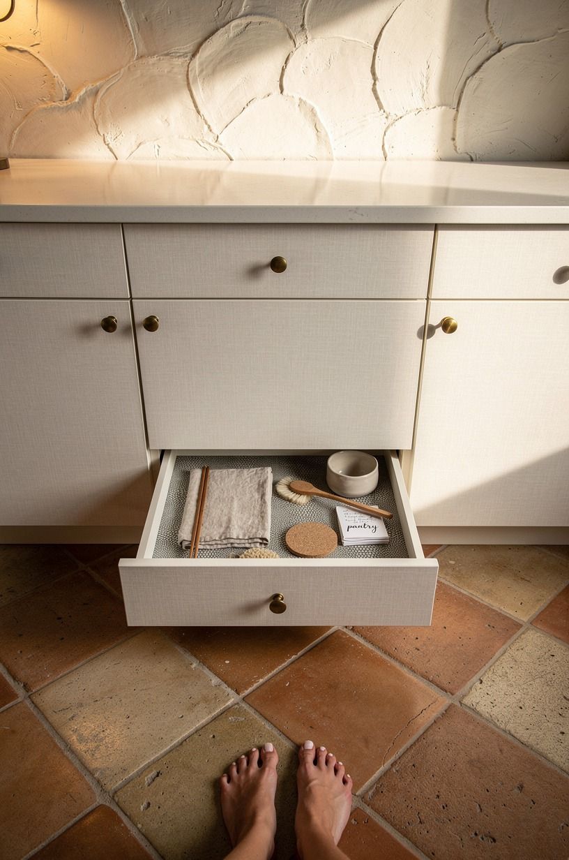 Anchor a toe kick drawer under cabinets