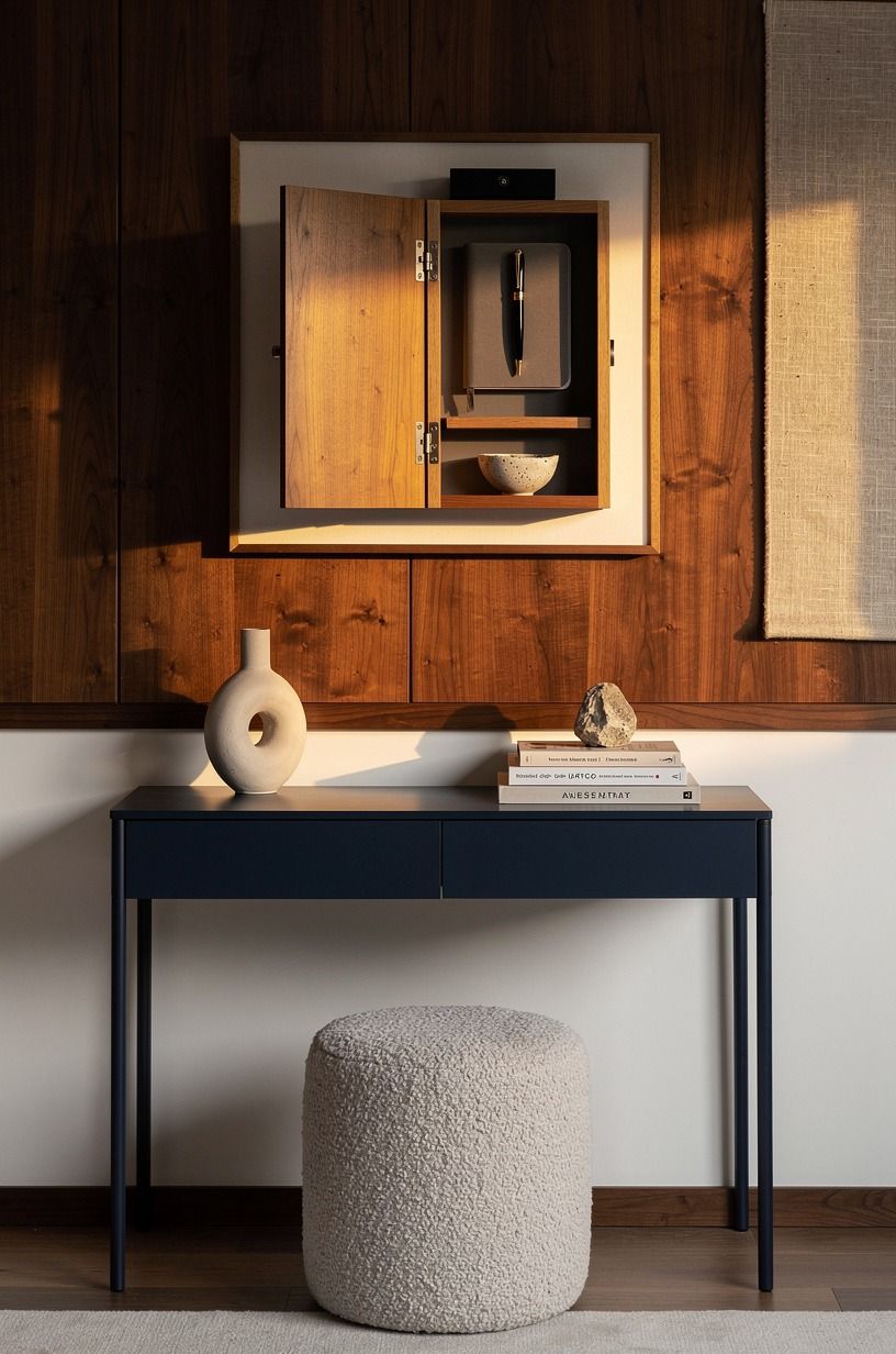 Hide a shallow tray behind framed art