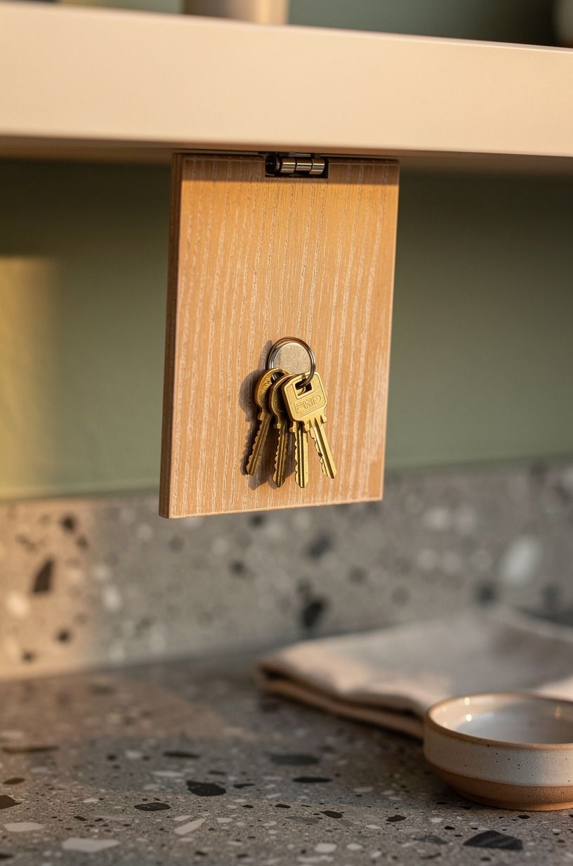 Mount a magnetic key cubby under shelving