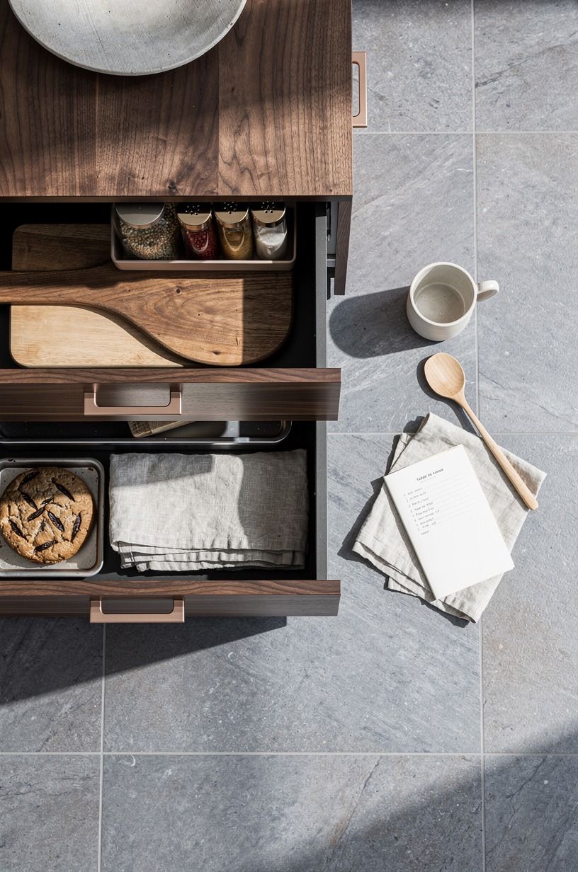 Slide toe-kick drawers under lower cabinets