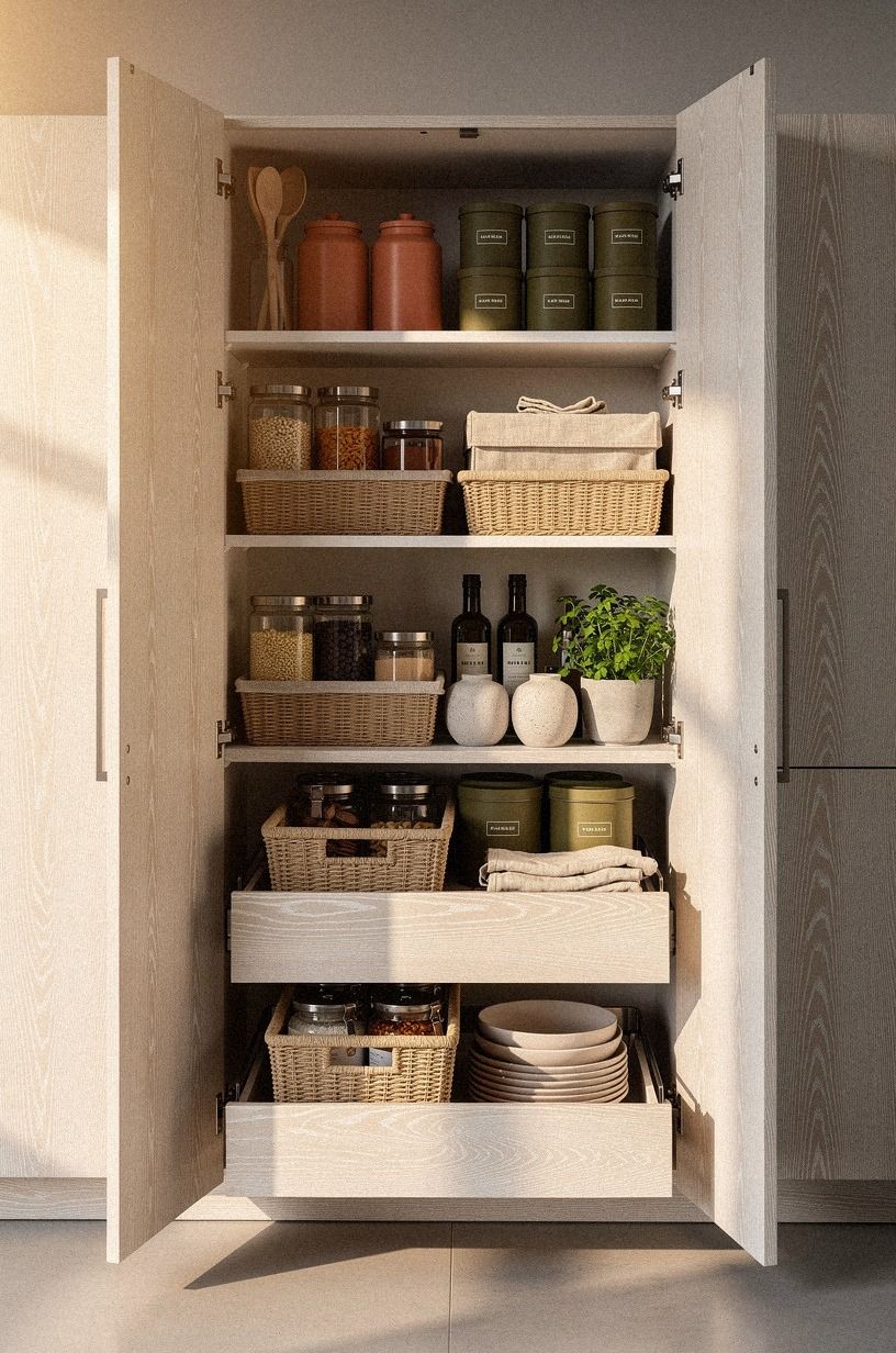 Install pull-out pantry baskets behind deep doors