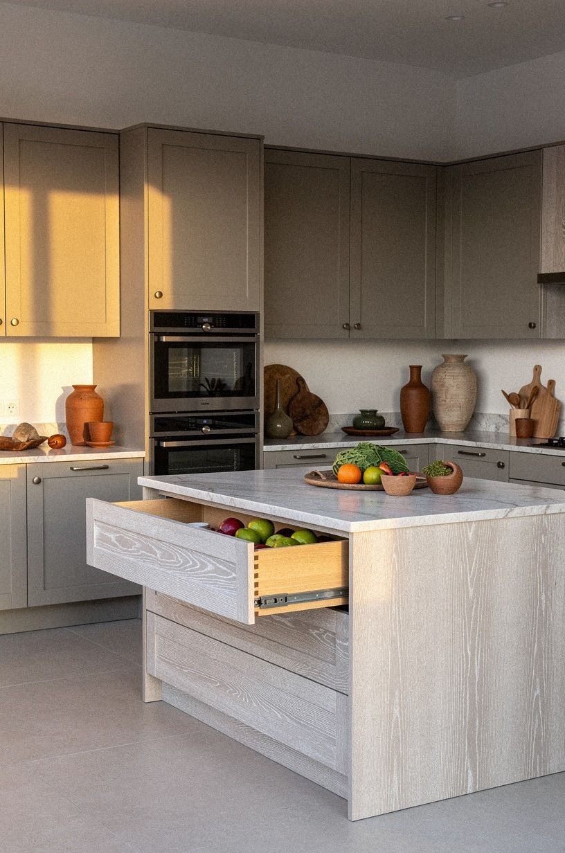 Paint perimeter cabinets a soft mushroom gray