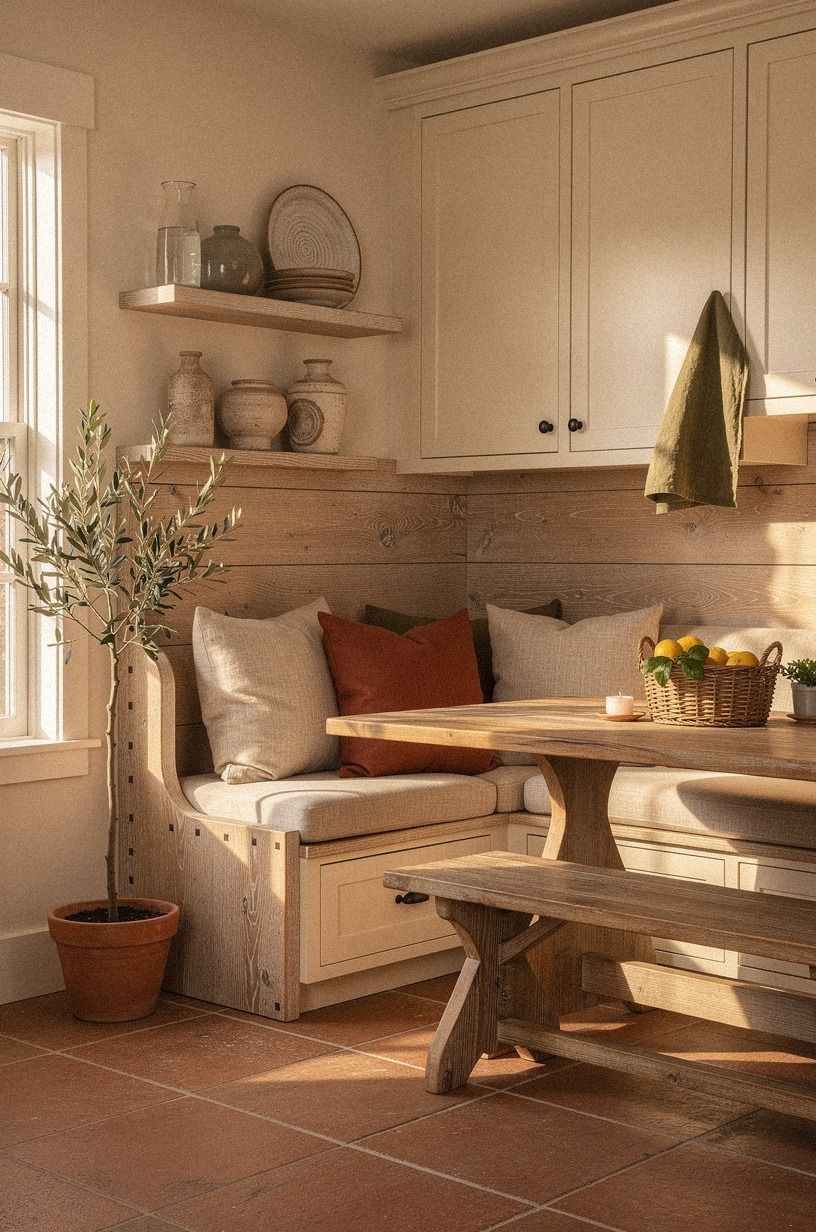 Build a corner banquette with shiplap backing
