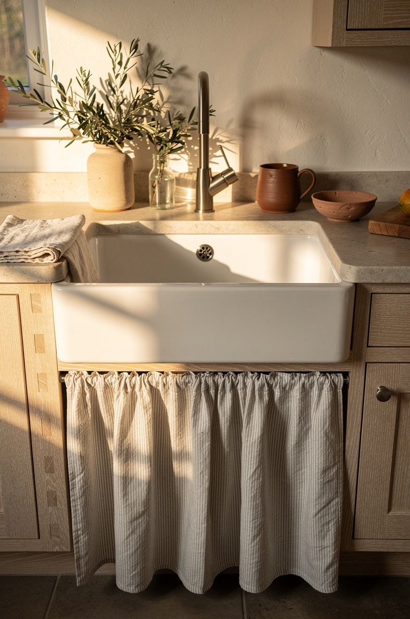 Skirt the sink with faded ticking fabric