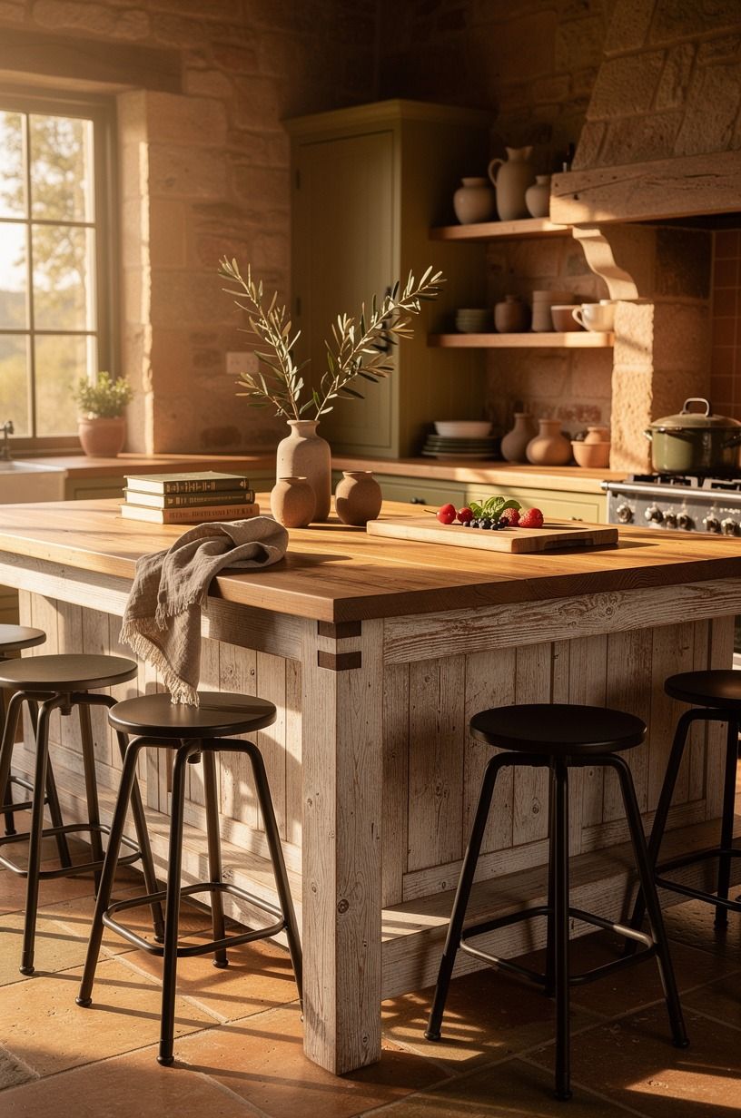 Anchor a reclaimed wood island with iron stools