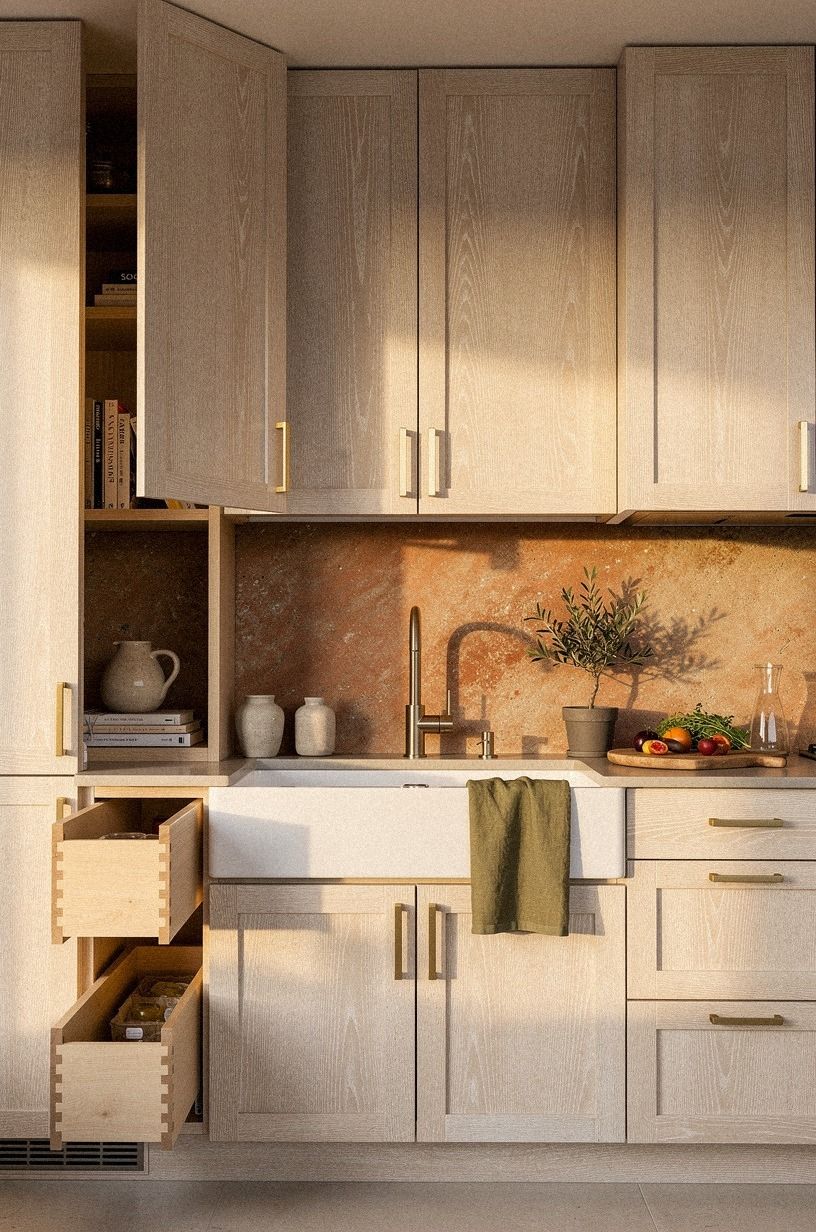 Anchor the sink wall with full-height pantry towers