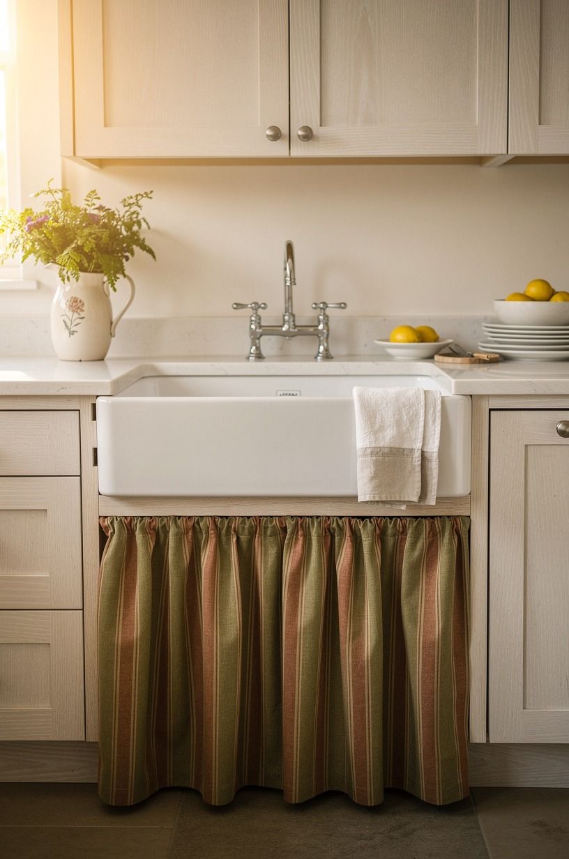 Skirt the sink with a soft striped fabric