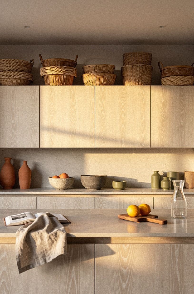 Layer woven baskets above short cabinet runs