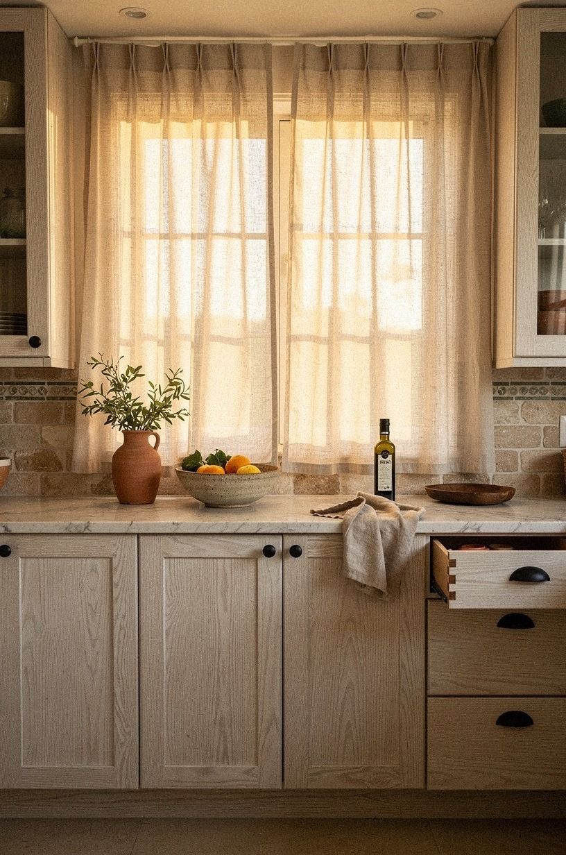Hang cafe curtains beneath glass upper cabinets
