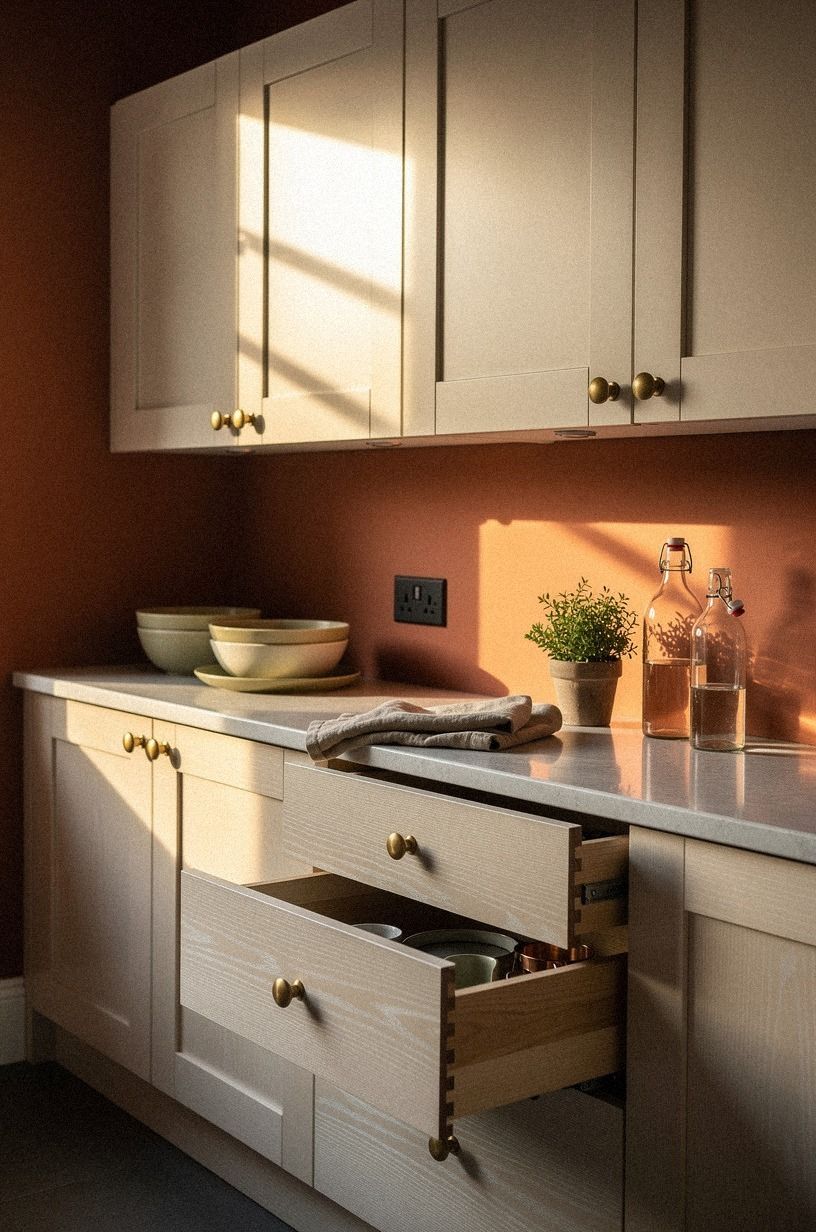 Tiny brass knobs on creamy shaker fronts