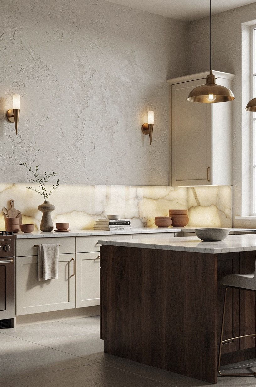 Stain the island walnut for visual weight