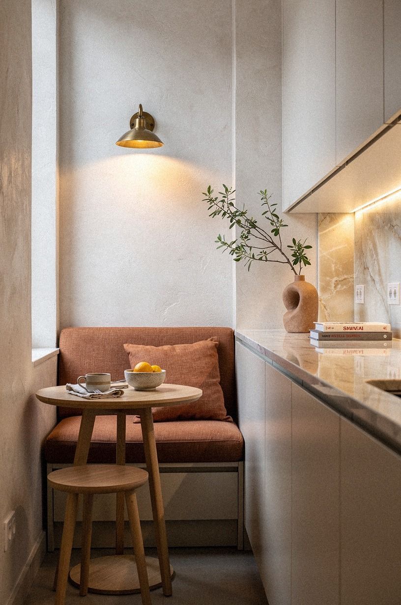Tuck a two seat banquette under the window (Soft Light, Tight Footprint)
