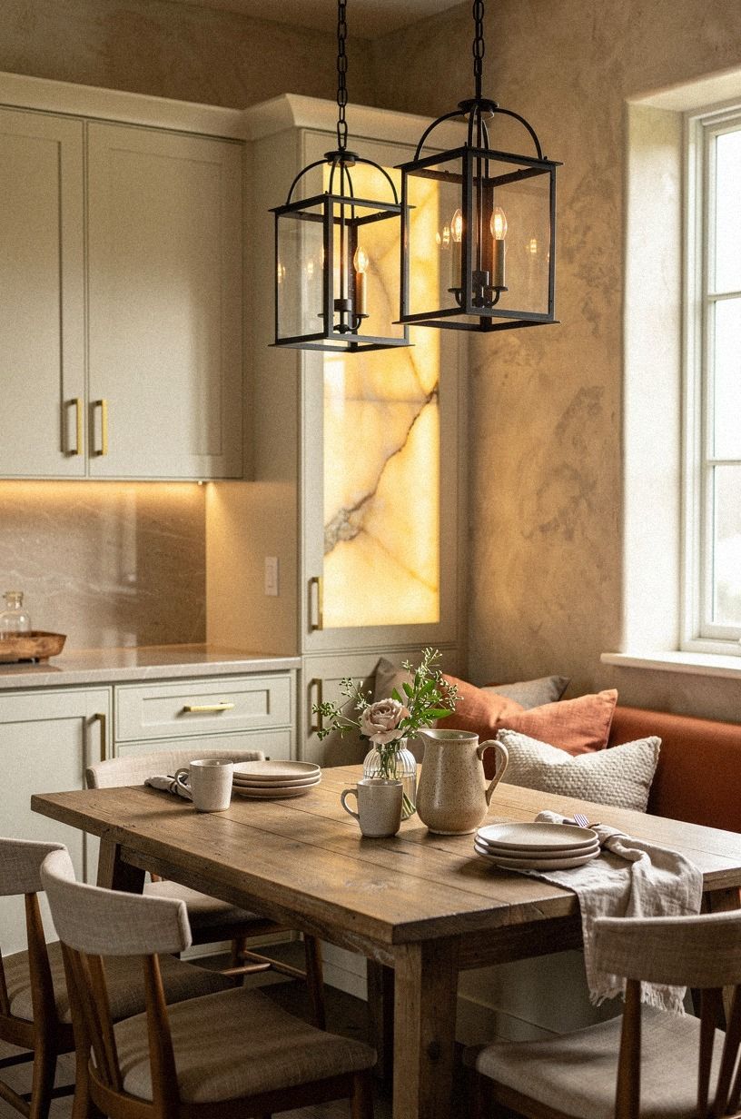 Hang black lantern pendants above the table