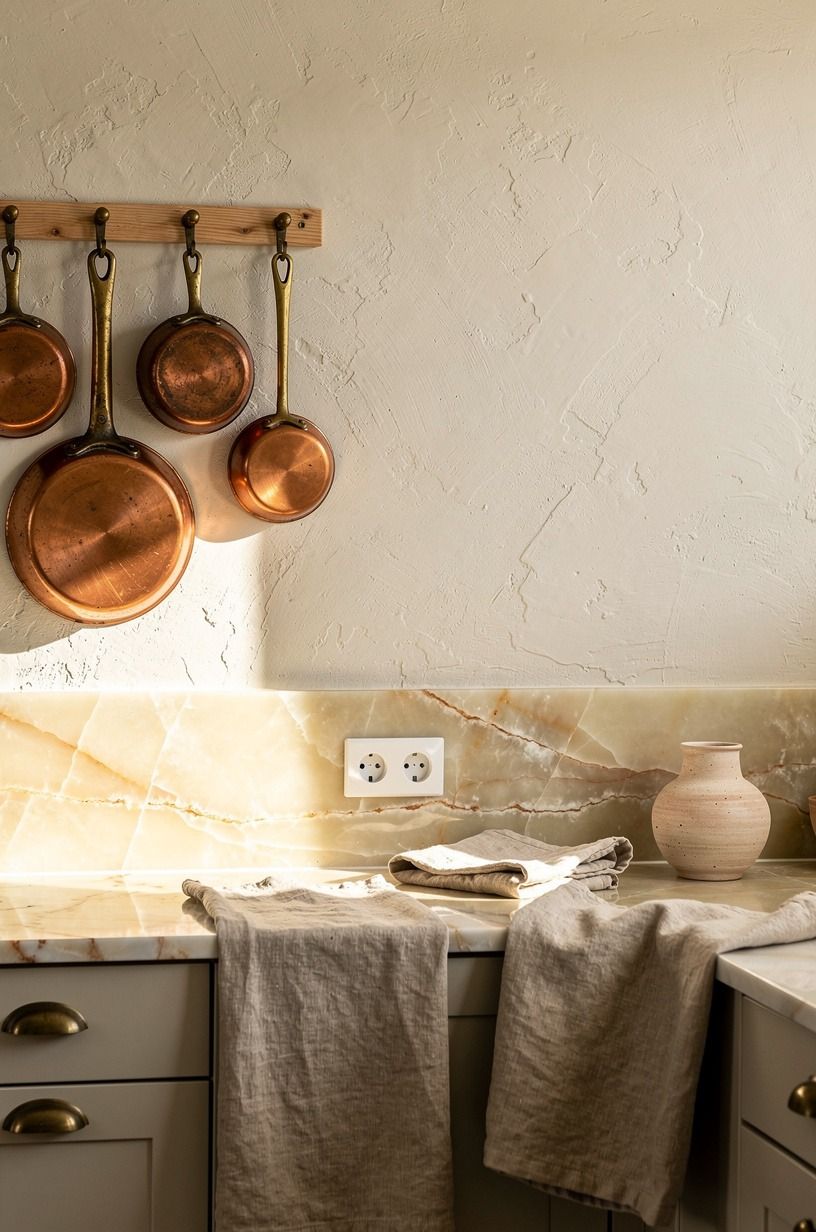 Hang copper pans on a peg rail