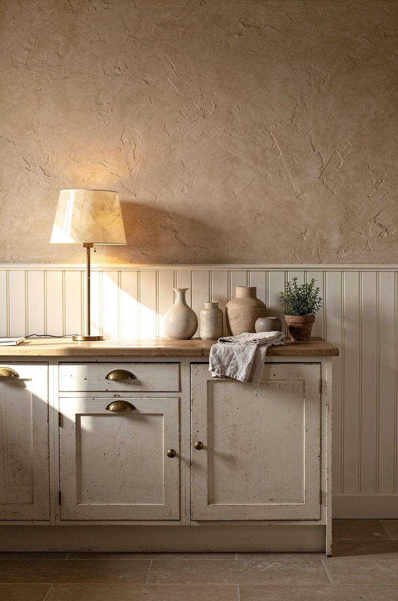 Run beadboard panels across the lower cabinets