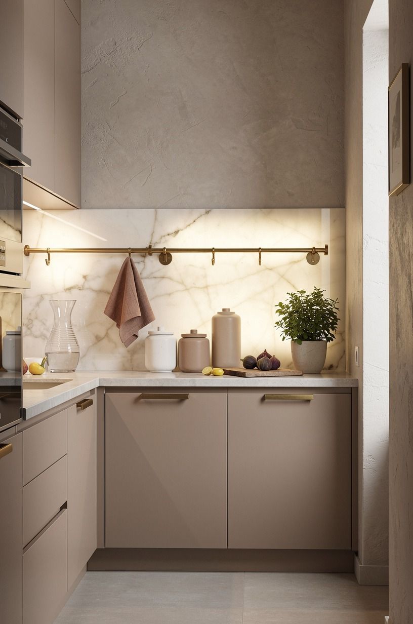 Run brass rails along the backsplash
